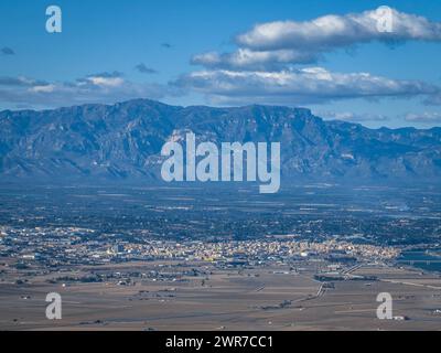 Luftaufnahme der Stadt Amposta neben dem Ebro-Delta. Im Hintergrund das Hafenmassiv (Tarragona, Katalonien, Spanien) Stockfoto