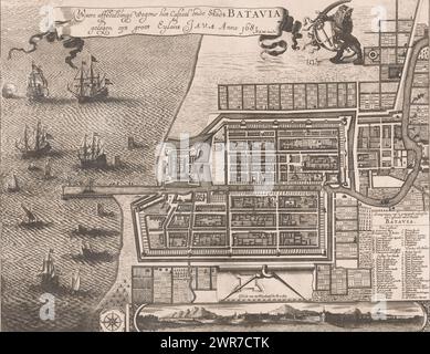 Karte und Ansicht von Batavia, Blick auf das Schloss in der Stadt Batavia (...) (Titel auf Objekt), Karte von Jakarta und Hafen. Titelkartusche oben, flankiert von einem Löwen mit Wappen. Unten rechts eine Legende auf Niederländisch, links eine Skala und ein Kompass. Darunter ein Blick auf Jakarta vom Wasser., Druckerei: Anonym, Druckerei: Wenceslaus Hollar, (zugeschrieben), Verlag: Frederik de Wit, Amsterdam, 1681 und/oder 1691 - 1731, Papier, Ätzung, Höhe 409 mm x Breite 530 mm, Druck Stockfoto