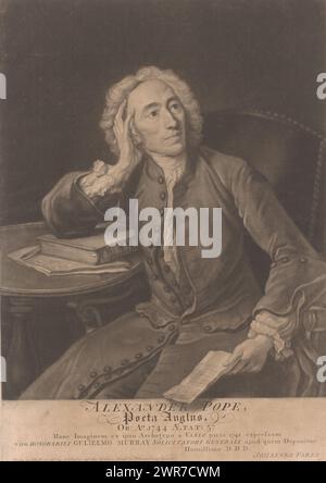 Porträt von Alexander Pope im Alter von 57 Jahren, Druckerei: John Faber (II), nach Malerei von Jean Baptiste van Loo, Verlag: John Faber (II), 1744–1756, Papier, Ätzung, Höhe 357 mm x Breite 253 mm, Druck Stockfoto