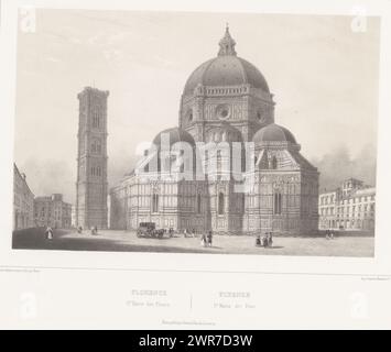 Blick auf die Kathedrale Santa Maria del Fiore in Florenz, Florenz. S.te Marie des Fleurs / Florenz. S. A Maria dei Fiori (Titel über Objekt), Faces in Florence (Titel der Serie), Florence et ses Environs (Titel der Serie), Faces in Italy (Titel der Serie), Italy (Titel der Serie), Print ist Teil eines Covers mit zehn Bildern., Druckerei: Isodore-Laurent Deroy, nach Zeichnung von: Isodore-Laurent Deroy, Drucker: Benard Lemercier & Cie, Druckerei: Paris, nach Zeichnung: Florenz, Drucker: Paris, Verlag: Paris, 1843, Papier, Höhe 321 mm x Breite 481 mm Stockfoto