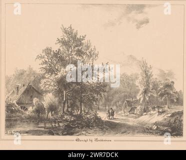 Landschaft mit Pfütze und Häusern, Blick bei Beekhuizen (Titel auf Objekt), zwei Figuren gehen auf einem Weg in einer Landschaft mit Pfütze auf der linken Seite. In der Nähe des Sees ein Haus mit einem Wasserrad. Ein zweites Haus rechts., Druckerei: Matthias Parré, nach Entwurf: Matthias Parré, Drucker: Reinhold jr., Amsterdam, 1821 - 1849, Papier, Höhe 269 mm x Breite 375 mm, bedruckt Stockfoto