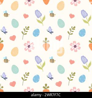 Nahtloses Muster Childish Happy Easter Design-Elemente in Pastellfarben. Karotte, Blumen, Ei, Flieder, Schmetterling osterkuchen andere Frühlingselemente. Für Stockfoto