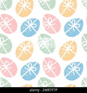 Nahtloses Ostereier-Muster mit Schleife und Schleife. Umbruch oder Hintergrund. Perfekt für Urlaubseinladungen, Frühjahrsgrußkarten, Tapeten und Geschenkartikel Stockfoto