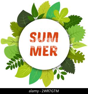 Grüne Sommerblätter unter weißem runden Etikett und Aufschrift Sommer. Vektorkarte mit grünen Blättern auf weißem Hintergrund Stock Vektor