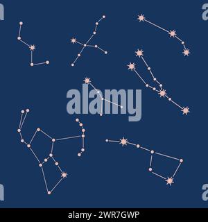 Satz von Sternbildvektorabbildungen. Hunter, Orion, Cassiopeia, Cygnus, Big Dipper, Aries, Stier. Stockfoto