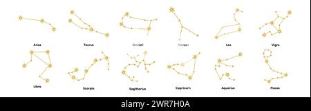 Set von Sternbildvektor Illustration Gold gefärbt isoliert auf weißem Hintergrund Arien, Stier, Gemini, Krebs, Leo, Virgo, Libra, Skorpio, Schütze Stockfoto