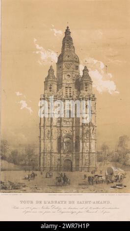 Ansicht der Abtei Saint Amand, Tour de l'abbaye de Saint Amand (Titel auf dem Objekt), Druckerei: Paulus Lauters, Druckerei: Louis Ghémar, nach Foto: Francois-Désiré Binois de Lépine, Drucker: Valenciennes, Verlag: Cambrai, 1830 - 1852, Papier, Höhe 521 mm x Breite 388 mm, bedruckt Stockfoto