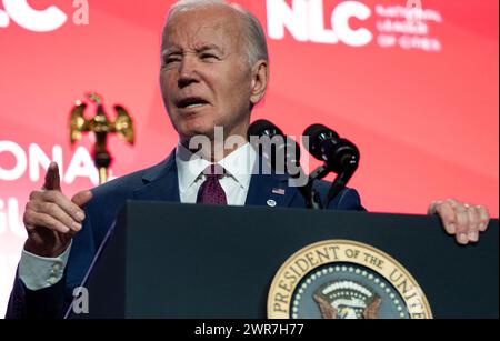 Usa. März 2024. Präsident Joe Biden hält am Montag, den 11. März 2024 in Washington, DC, eine Rede auf der League of Cities-Veranstaltung im Marriott Marquis. Foto: Leigh Vogel/ABACAPRESS.COM Credit: Abaca Press/Alamy Live News Stockfoto