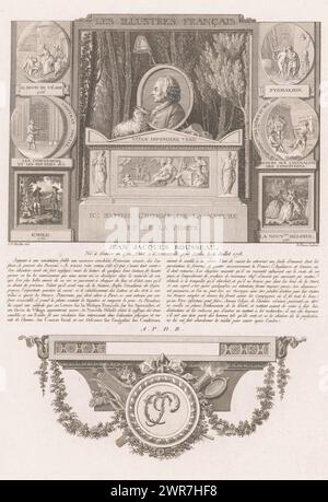 Allegorisches Porträt von Jean-Jacques Rousseau, Porträts französischer historischer Figuren (Serientitel), Les illustres francais, ou tableaux historiques des grands hommes de la France (Serientitel), Druckerei: Nicolas Ponce, nach Zeichnung von: Clément Pierre Marillier, Franse kroon, Frankreich, 1790 - 1816, Papier, Ätzen, Gravieren, Höhe 335 mm x Breite 228 mm, Druck Stockfoto