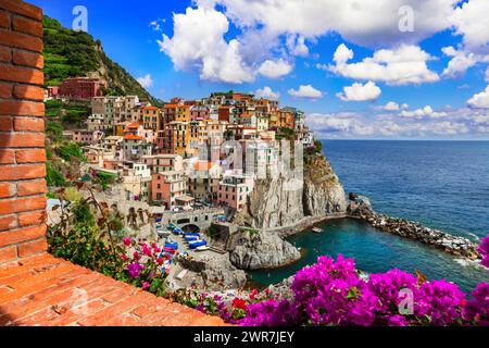 Italien Reisen und Sehenswürdigkeiten. . Farbenfrohes Fischerdorf Manarola - Nationalpark 'Cinque Terre' in Ligurien, beliebtes Touristenziel. Stockfoto