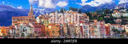 Menton, Frankreich: Die Perle der französischen Riviera. Farbenfrohe Stadt - Luxusurlaub im Süden der Cote Azure Stockfoto