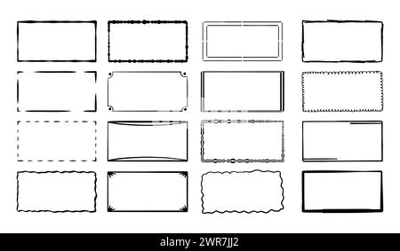 Satz von einfachen Rahmen Kritzelvektor andere Stil. Kurvenbegrenzung Bleistifteffekt-Schleiflinie, isoliert auf weißem Hintergrund. Stockfoto