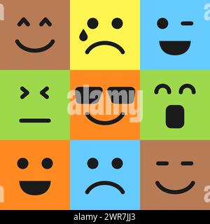 Set aus neun farbenfrohen Emoticons. Emoji-Symbol im Quadrat. Abgewickeltes Hintergrundmuster. Vektorabbildung Stock Vektor