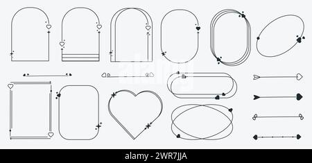 Setzen Sie minimalistische Linienrahmen und Elemente funkeln Sterne, Kreis und Herz im trendigen Retro-Stil. Y2k. Rahmen. Für Hochzeit, Einladung, Vorlagendesign, Stockfoto