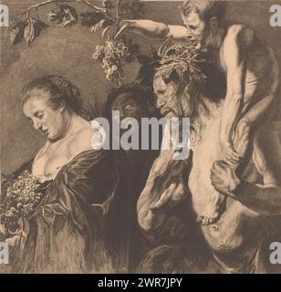 Bacchantes, Satyr und Frau mit Trauben, Druckerei: Charles Théodore Bernier, nach Malerei von Jacques Jordaens, 1881 - 1909, Papier, Ätzung, Höhe 255 mm x Breite 275 mm, Druck Stockfoto