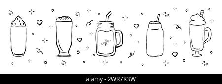 Setzen Sie den Kaffee in einer Skizze im Stil einer Glaskritzellinie. In Becher, Glas. Kritzelvektorillustrationen isoliert auf weißem Hintergrund. Kaffeegetränk. Espresso, Stockfoto
