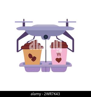 Drohne für die Lebensmittellieferung. Vektor-Illustration Für Die Lieferung Von Drohnen-Kaffee. Quadcopter transportiert Kaffee. Konzept isoliert auf weißem Hintergrund. Stockfoto