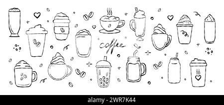Handgezogenes Set aus verschiedenen Kaffeegetränken. Kritzelvektorillustrationen isoliert auf weißem Hintergrund. Espresso, Americano, Cappuccino, Latte. Stockfoto