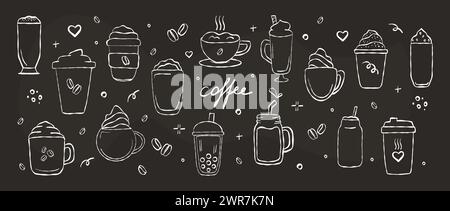 Handgezogenes Set aus verschiedenen Kaffeegetränken. Kritzelvektorillustrationen isoliert auf Kreidetafel Hintergrund. Espresso, Americano, Cappuccino, La Stockfoto