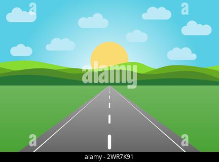 Vektorasphaltstraße, die in den Horizont abfährt. Sommerlandschaft mit Autobahn bei Sonnenaufgang mit grünem Feld und Wolken am blauen Himmel. Stock Vektor