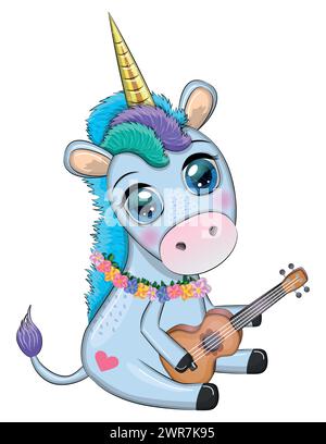 Niedliches Cartoon Unicorn mit bunten Haaren spielt Ukulele Gitarre, Liebe zur Musik Stock Vektor