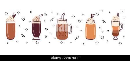 Setzen Sie Kaffee in Glasskizze. In Becher, Glas. Kritzelvektorillustrationen isoliert auf weißem Hintergrund. Kaffeegetränk. Espresso, Stockfoto