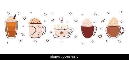 Verschiedene Kaffeesorten. Set-Getränk. Vektor-Illustrationen für Kaffeetassen isoliert auf weißem Hintergrund. Espresso, Americano, Cappuccino, Latte Tasse, Mokka, Stockfoto