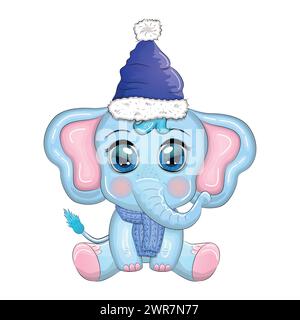 Niedlicher Cartoon-Elefant, kindische Figur mit wunderschönen Augen, weihnachtsmannmütze, Schal, Geschenk, weihnachtsball oder Zuckerrohr. Das Konzept des Stock Vektor