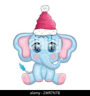 Niedlicher Cartoon-Elefant, kindische Figur mit wunderschönen Augen, weihnachtsmannmütze, Schal, Geschenk, weihnachtsball oder Zuckerrohr. Das Konzept des Stock Vektor