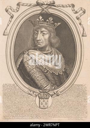 Porträt von Ludwig IX. Dem Heiligen, König von Frankreich, Louis IX surnommé St. (Titel auf Objekt), Porträt prominenter Figuren (Serientitel), nummeriert oben Mitte: 43., Druckerei: Nicolas de Larmessin (I), Verlag: Pierre Bertrand, Lodewijk XIV (koning van Frankrijk), Verlag: Paris, Frankreich, 1642 - 1678, Papier, Gravur, Ätzen, Höhe 234 mm x Breite 166 mm, Druck Stockfoto