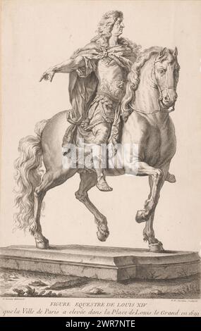 Reiterporträt Ludwigs XIV., Figur Equestre de Louis XIV (Titel auf Objekt), nach Statue Ludwigs XIV., nach rechts schauend., Druckerei: Pierre Francois Tardieu, nach Zeichnung: Nicolas Lesueur, Verlag: Danizy, Paris, 1721 - 1771, Papier, Gravur, Ätzen, Höhe 384 mm x Breite 243 mm, Druck Stockfoto