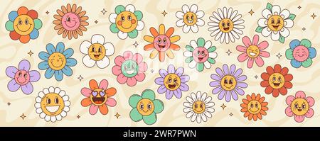 Retro Hippie groovy Gänseblümchen Sonnenblume nette glückliche Blume Zeichen mit Gesichtern Vektor Hintergrund. Cartoon psychedelische Blumenmuster von lustigen Kamillenfiguren mit rosa herzförmiger Sonnenbrille Stock Vektor