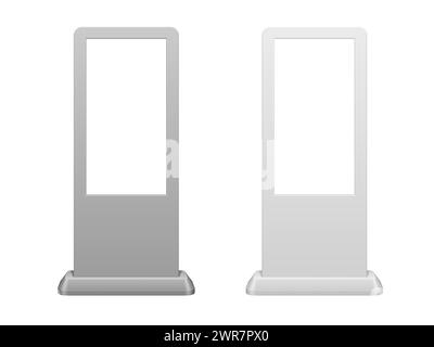 Touchscreen-Kioskständer-Mockup, modernes realistisches 3D-Vektor-Design. Weiße interaktive Displays, vielseitige und elegante Lösung für Benutzerfreundlichkeit. Digitale Informationstafel, Selbstbedienungsterminals Stock Vektor