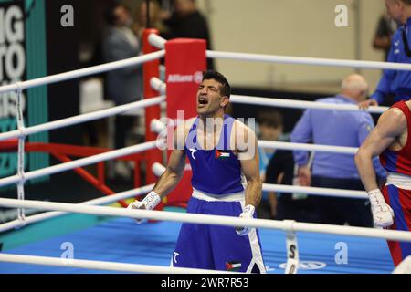 Busto Arsizio, Lombardia, Italien. März 2024. ALKASBEH OBADA während der letzten Boxing Road nach Paris 2024, E-Work Arena, Busto Arsizio. (Kreditbild: © Mattia Martegani/ZUMA Press Wire) NUR REDAKTIONELLE VERWENDUNG! Nicht für kommerzielle ZWECKE! Stockfoto