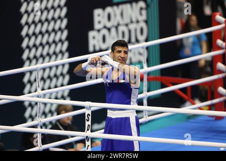 Busto Arsizio, Lombardia, Italien. März 2024. ALKASBEH OBADA während der letzten Boxing Road nach Paris 2024, E-Work Arena, Busto Arsizio. (Kreditbild: © Mattia Martegani/ZUMA Press Wire) NUR REDAKTIONELLE VERWENDUNG! Nicht für kommerzielle ZWECKE! Stockfoto