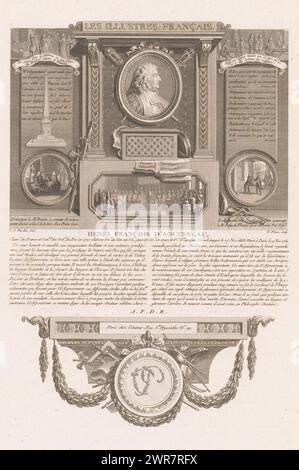 Allegorisches Porträt von Henri Francois d'Aguesseau, Porträt französischer historischer Figuren (Reihentitel), Les illustres francais, ou tableaux historiques des grands hommes de la France (Reihentitel), Druckerei: Nicolas Ponce, nach Zeichnung von: Clément Pierre Marillier, Verlag: Nicolas Ponce, Verlag: Paris, Frankreich, 1790 - 1816, Papier, Ätzen, Gravieren, Höhe 335 mm x Breite 228 mm, Druck Stockfoto