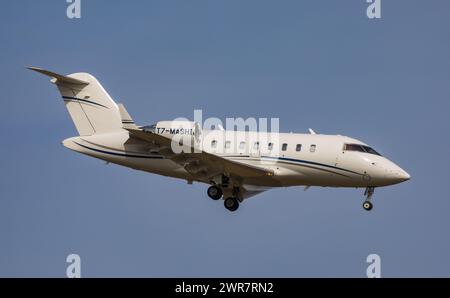 Ein Bombardier Challenger 650 von Orascom Aviation im Landeanflug auf den Flughafen Zürich. Registrierung T7-MASHI. (Zürich, Schweiz, 21.03.2022) Stockfoto