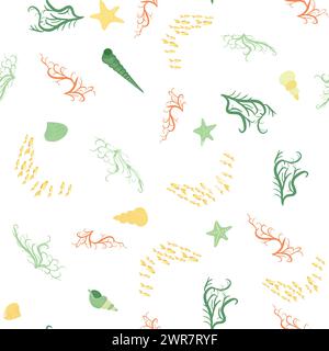 Gelbes nahtloses Muster mit Seesternen, Korallen, Perlen und Muscheln. Vektorhintergrund mit Meeresmotiv Stock Vektor
