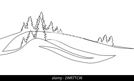 Selbstzeichnen eine einfache Animation einer kontinuierlichen Zeichnung einer Linie von Weihnachtsbäumen, Wäldern im Hintergrund Stock Vektor