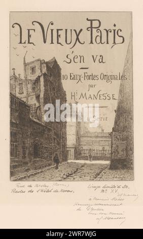 Titeldruck mit Blick auf die Rue de Nesle, Straßenansichten von Paris (Serientitel), Le vieux Paris s'en va (Serientitel auf Objekt), Druckerei: Henri Manesse, (signiert vom Künstler), nach eigenem Entwurf von: Henri Manesse, Frankreich, in oder nach 1906 - in oder nach 1911, Papier, Ätzen, Gravieren, Trockenspitzen, Höhe 274 mm x Breite 203 mm, bedruckt Stockfoto