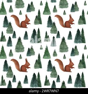 Nahtloses Aquarellmuster mit Eichhörnchen und Kiefern. Zum Verpacken; Verpacken. Stockfoto