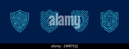 Fingerabdruckschild-Symbol für sichere Verriegelungstechnologie und biometrische Zugangsberechtigung, Vektorsymbole. Biometrische Fingerabdruckidentifizierung und Identitätsprüfung des Ausweises zum Schutz personenbezogener Daten Stock Vektor