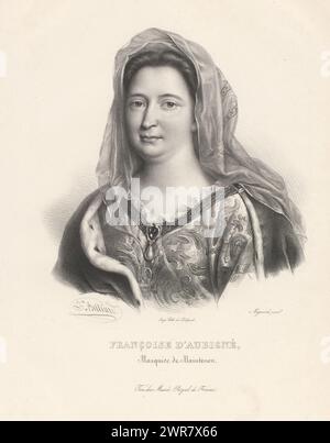 Porträt von Madame de Maintenon, Francoise d'Aubigné, Marquise de Maintenon (Titel auf Objekt), 200 Porträts zwischen den Herrschaften von Karl VII. Und Ludwig XVI. Von Frankreich (Titel der Serie), Druckerei: Zéphirin Félix Jean Marius Belliard, nach Malerei von Pierre Mignard (1612-1695), Drucker: veuve Delpech (Naudet), Paris, 1829, Papier, Höhe 456 mm x Breite 327 mm, Druck Stockfoto