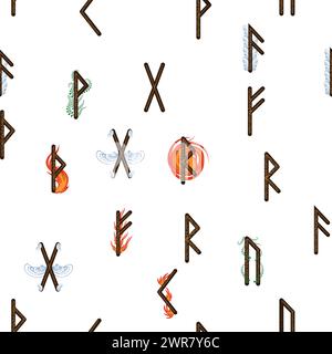 Handgezeichnete Runenbuchstaben nahtloses Muster mit Elementsymbolen. Magische Zeichen und Symbole der skandinavischen Kultur. Stock Vektor