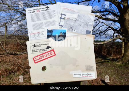 Informationstafel zum UFO-Vorfall im Rendlesham Forest, Rendlesham Forest, Suffolk, England, März 2024. Stockfoto