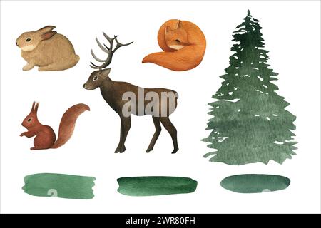 Aquarellset mit Tier-, Fichten- und Blob-Pinsel. Für Grußkarte, Einladung, Geschenk, Tag, Veranstaltung. Stockfoto