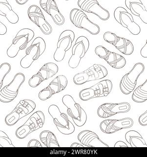 Nahtloses Muster mit lässigen Schuhen im Line-Art-Stil. Flip-Flops, Sandalen, Hausschuhe für Tapeten, Textil. Vektorabbildung auf weiß Stock Vektor