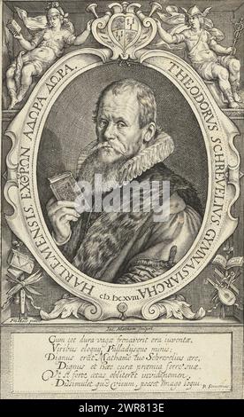 Porträt von Theodorus Schrevelius im Alter von 46 Jahren, Druckerei: Jacob Matham, nach Malerei von: Frans Hals, Petrus Scriverius, 1618, Papier, Stich, Höhe 261 mm x Breite 161 mm, bedruckt Stockfoto