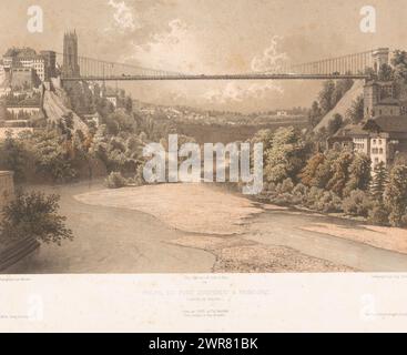 Ansicht der Hängebrücke über die Sarine, in Freiburg, La Suisse la Savoie et le Tyrol / Profil du pont suspendu a Fribourg (Kanton de Fribourg) (Titel zum Objekt), Druckerei: Eugène Cicéri, nach Foto: Martens, Drucker: Lemercier, Drucker: Paris, Verlag: Berlin, Verlag: New York (Stadt), 1864, Papier, Höhe 401 mm x Breite 562 mm, bedruckt Stockfoto