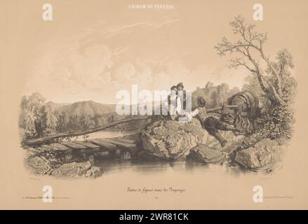 Frau mit zwei Jungen an einem See mit Schloss, Studien von Figuren in einer Landschaft (Serientitel), L'Album de Férogio. Etudes de Figures dans les Paysages (Serientitel über Objekt), Print ist Teil eines Covers mit sieben Drucken., Druckerei: Fortuné Férogio, Drucker: Joseph Rose Lemercier, Verlag: Francois Delarue, Drucker: Paris, Verlag: Paris, Verlag: London, Verlag: 1844 - 1854, Papier, Höhe 314 mm x Breite 492 mm, Druck Stockfoto